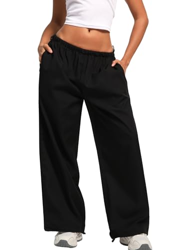 Navneet Cargohose Damen Baggy Jogginghose Y2K Low Waist Hose Weites Bein Parachute Pants Streetwear Hip Hop Schwarz S von Navneet