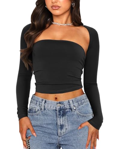 Navneet Crop Tops Damen Langarm Y2K Tube Top Bolero Langarmshirt Eng Basic Longsleeve Party Sommer Oberteil Schwarz M von Navneet