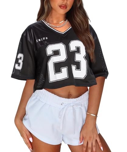 Navneet Crop Tops Damen Oversize Tshirt Sport Bauchfreies Oberteil Kurzarm Mesh Jersey Locker Basic Sommer Y2k Sport Gym Schwarz L von Navneet