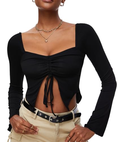 Navneet Crop Tops Damen Y2K Top Langarmshirt Gerafft Schulterfrei Basic Longsleeve Langarm Bauchfrei Oberteil Party mit Kordelzug Schwarz XS von Navneet