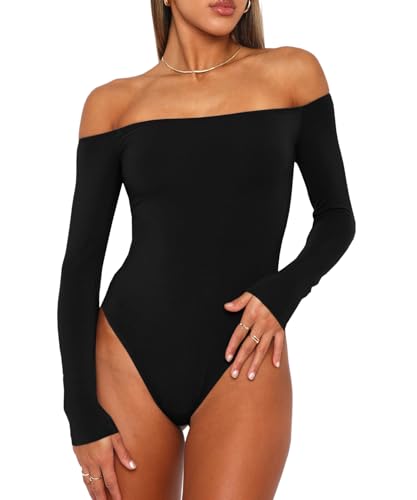 Navneet Body Damen Bodysuit Langarm Body Suit Off Shoulder Elegant Bodys Tops Langarmshirt Party Outfit Sexy Schulterfrei Bodys Leotard Schwarz L von Navneet