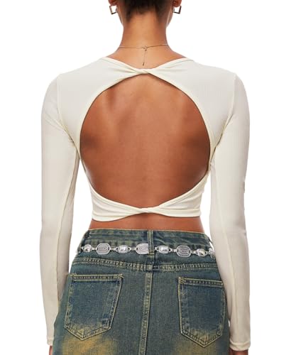 Navneet Damen Crop Tops Langarmshirt Longsleeve Rückenfrei Oberteil Bauchfrei Y2K Top Backless Basic Langarm Tshirt Cut Out Oberteile Aprikose M von Navneet