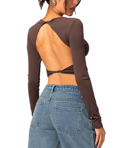 Navneet Damen Crop Tops Langarmshirt Longsleeve Rückenfrei Oberteil Bauchfrei Y2K Top Backless Basic Langarm Tshirt Cut Out Oberteile Braun L von Navneet