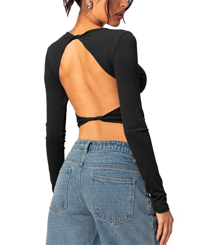 Navneet Damen Crop Tops Langarmshirt Longsleeve Rückenfrei Oberteil Bauchfrei Y2K Top Backless Basic Langarm Tshirt Cut Out Oberteile Schwarz L von Navneet