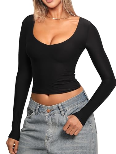 Navneet Damen Langarmshirt V Ausschnitt Eng Bauchfrei Oberteil Y2K Crop Top Long Sleeve Shirt Basic Tshirt Schwarz M von Navneet