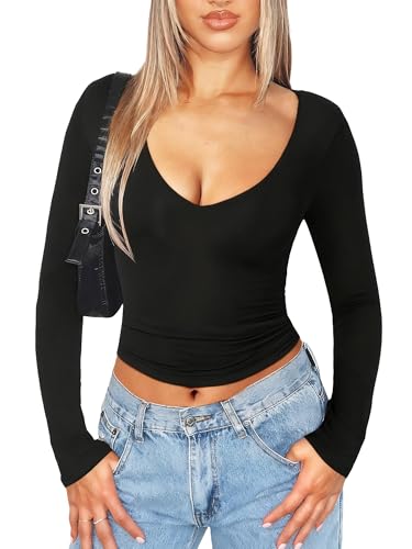 Navneet Damen Langarmshirt V Ausschnitt Eng Bauchfrei Oberteil Y2K Crop Top Long Sleeve Shirt Basic Tshirt Schwarz S von Navneet
