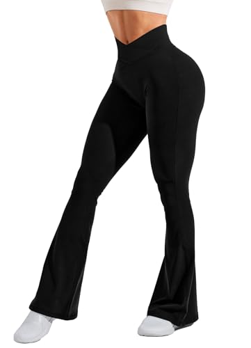 Navneet Damen Schlaghose Yogahose Lang Yoga Hosen Wide Leg Freizeithose High Waist Jazzpants Tanz Flared Leggings 70er Yoga Pants mit Versteckter Tasche Schlaghosen Schwarz L von Navneet