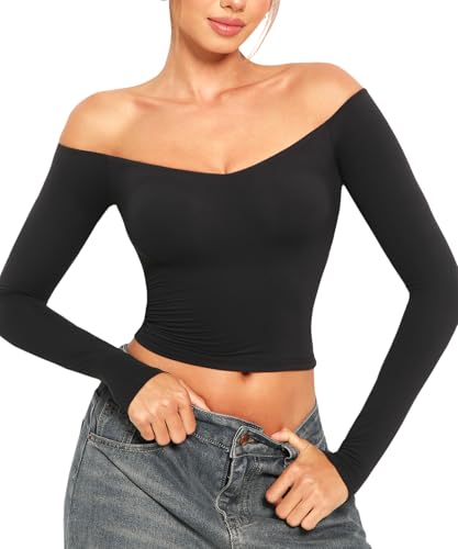 Navneet Damen Schulterfreies Oberteil Bauchfrei Off Shoulder Crop Top Langarmshirt Eng Carmenbluse Y2K Herbst Schwarz S von Navneet