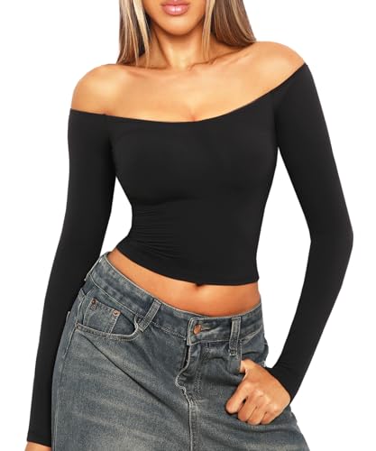 Navneet Damen Schulterfreies Oberteil Bauchfrei Off Shoulder Crop Top Langarmshirt Eng Carmenbluse Y2K Herbst Schwarz XS von Navneet