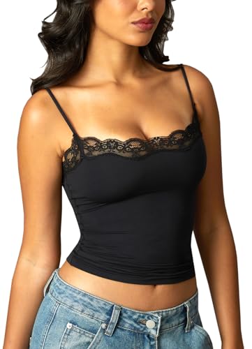 Navneet Damen Sexy Tank Top Crop Tops mit Spitze Spaghetti Bauchfreies Oberteil Schwarz Bustier Sommer Party Basic Schwarz S von Navneet