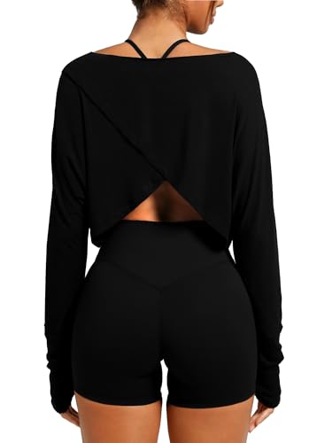 Navneet Damen Sport Langarmshirt mit Schlitz Overlap Sport Oberteile Fitness Funktionsshirt Laufshirt Wandershirt Outdoor Schwarz S von Navneet