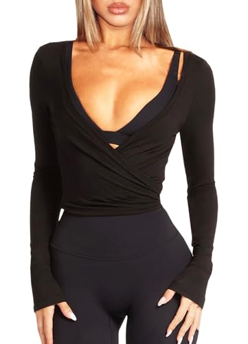 Navneet Damen Wickelshirt Sport Yoga Oberteil Langarm Eng Y2K Pilates Ballet Wrap Tops Bolero Herbst Kleidung Schwarz XS von Navneet