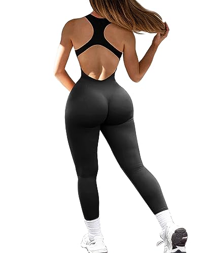 Navneet Jumpsuit Damen Lang Einteiler Sport Yoga Jumpsuits Eng Ärmellos Rückenfrei Padded Romper Bodysuit Onepiece Rücken Ausschnitt Schwarz M von Navneet