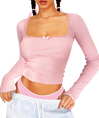 Navneet Langarmshirt Damen Eng Crop Tops Longsleeve Langarm Bauchfreies Oberteil Spitzen Square Neck Y2K Top Clothes Rosa L von Navneet