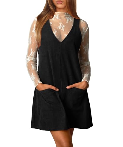 Navneet Latzkleid Damen Cordkleid Cordrock Herbstkleid Kurz Cord Ärmellos Träger Minikleid Winterkleid Overall Dress Schwarz L von Navneet