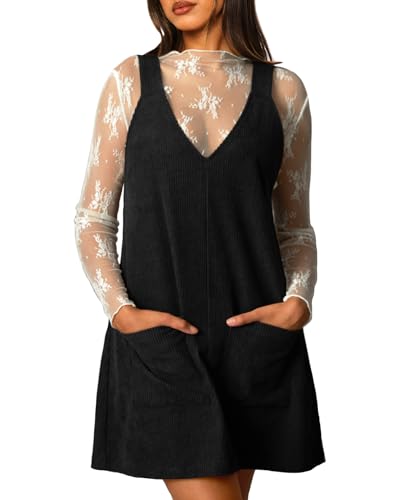 Navneet Latzkleid Damen Cordkleid Cordrock Herbstkleid Kurz Cord Ärmellos Träger Minikleid Winterkleid Overall Dress Schwarz S von Navneet