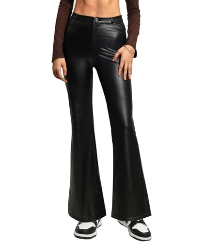 Navneet Lederhose Damen Wide Straight Leg Hose Weites Bein Schlaghose PU Kunstlederhosen High Waist mit Tasche Party Bell Bottoms Schwarz M von Navneet