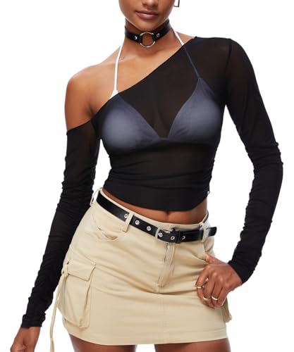 Navneet Mesh Oberteil Damen Y2K Crop Top Spitzen Durchsichtig Transparent Oberteile Netz Langarmshirt Party Clubwear One Shoulder Schwarz M von Navneet