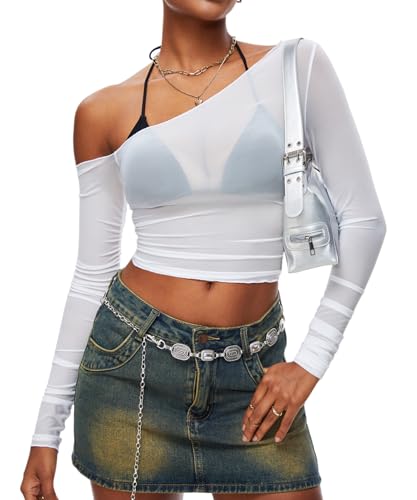 Navneet Mesh Oberteil Damen Y2K Crop Top Spitzen Durchsichtig Transparent Oberteile Netz Langarmshirt Party Clubwear One Shoulder Weiß XS von Navneet