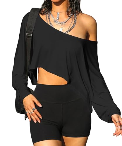 Navneet Off Shoulder Oberteil Damen Crop Tops Schulterfreies Oberteil Oversize Langarmshirt Asymmetrisch Top Party Festival Schwarz S Navneet Off Shoulder Oberteil Damen Crop Tops Schulterfreies Oberteil Oversize Langarmshirt Asymmetrisch Top Party Festival Schwarz S von Navneet