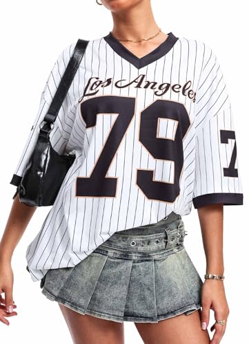 Navneet Damen Jersey Shirt Y2K Trikot Gestreift Oversize Tshirt Sommer Baggy Longshirt Kurzarm Football Streetwear Schwarz S von Navneet
