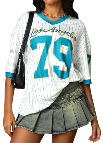 Navneet Damen Jersey Shirt Y2K Trikot Gestreift Oversize Tshirt Sommer Baggy Longshirt Kurzarm Football Streetwear Weiß L von Navneet