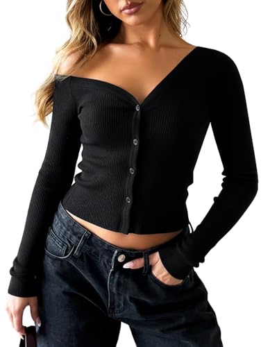 Navneet Schulterfreies Oberteil Damen Bauchfrei Off Shoulder Gerippt Crop Top Langarm Cardigan Y2K Herbst Schwarz M von Navneet
