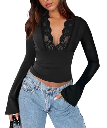 Navneet Spitzen Oberteile Damen Langarm Durchsichtig V Ausschnitt Lace Top Festival Party Outfit Y2K Schwarz L von Navneet