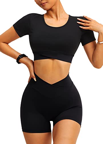 Navneet Sport Set Damen Gym Set Kurz Workout Sportset Fitness Outfit Set Sport Oberteile Scrunch Shorts Yoga Sets Sportbekleidung Sommer Zweiteiler Schwarz L von Navneet