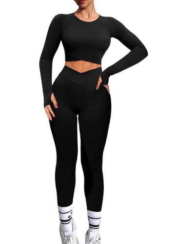 Navneet Sport Set Damen Gym Workout Set Lang Sportset Outfit Fitness Set Langarm Rückenfrei Oberteil Scrunch Leggings V Waist Leggings Zweiteiler Schwarz S von Navneet