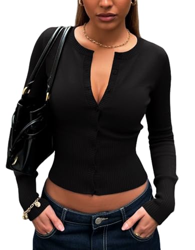 Navneet Strickjacke Damen Kurz Crop Cardigan Langarm Elegant Gerippt Pullover Knöpfe Etui Herbst Jacken Y2K Schwarz S von Navneet