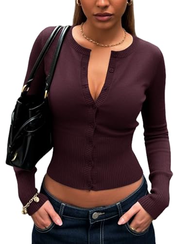 Navneet Strickjacke Damen Kurz Crop Cardigan Langarm Elegant Gerippt Pullover Knöpfe Etui Herbst Jacken Y2K Violett S von Navneet