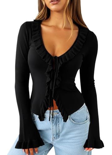 Navneet Strickjacke Damen Kurz Crop Cardigan Tie Front Ruffle Langarm Y2K Top Pullover Sweater Herbst Winter Schwarz XS von Navneet