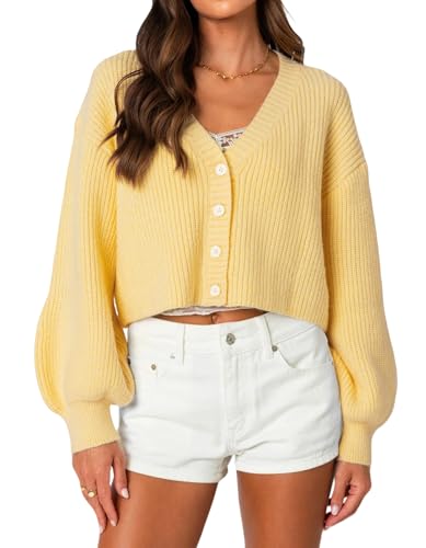 Navneet Strickjacke Damen Kurz Oversize Cardigan Langarm Pullover Strick Bolero Jäckchen Herbst Jacken Y2K Gelb M von Navneet