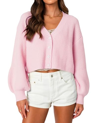 Navneet Strickjacke Damen Kurz Oversize Cardigan Langarm Pullover Strick Bolero Jäckchen Herbst Jacken Y2K Rosa L von Navneet