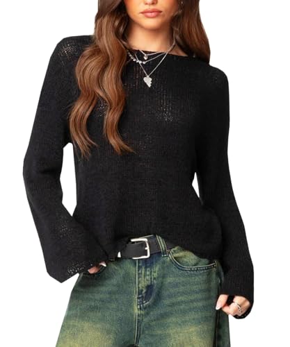 Navneet Strickpullover Damen Oversize Durchsichtig Pulli Y2K Long Sleeve Shirt Langarmshirt Herbst Basic Sweater Schwarz S Navneet Strickpullover Damen Oversize Durchsichtig Pulli Y2K Long Sleeve Shirt Langarmshirt Herbst Basic Sweater Schwarz S von Navneet
