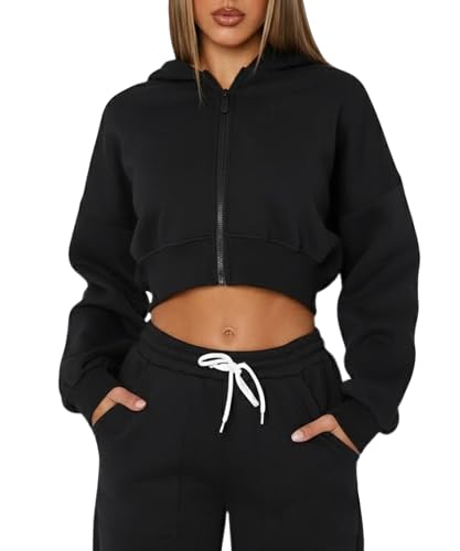 Navneet Sweatjacke Damen Crop Zipper Hoodie Kapuzenpullover Oversize Sweatshirt Jacke Pulli Herbst Y2k Tinte Schwarz L von Navneet