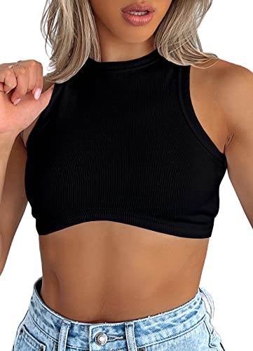 Navneet Tank Top Crop Tops Damen Gerippt Bauchfreies Oberteil Ärmellos Party Oberteile Sommer Basic Cropped Top Shirt Schwarz L von Navneet