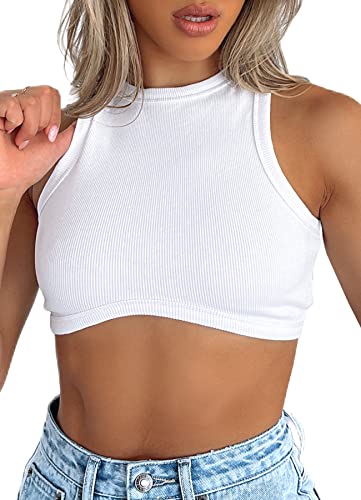 Navneet Tank Top Crop Tops Damen Gerippt Bauchfreies Oberteil Ärmellos Party Oberteile Sommer Basic Cropped Top Shirt Weiß L von Navneet