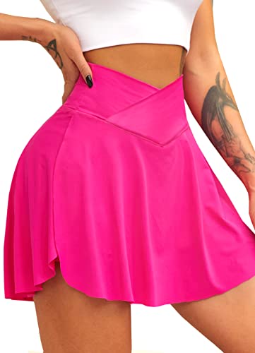 Navneet Tennisrock Crossover Rock mit Hose drunter Hosenrock Damen Sportrock Minirock Faltenrock Sport Golf Röcke Skirt Hot Pink M von Navneet