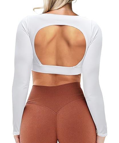 Navnnet Damen Sport Oberteile Langarmshirt Eng Rückenfreies Oberteil Sport Gym Top Fitness Outfit Yoga Shirt Longsleeve Backless Crop Tops Sport Weiß M von Navneet