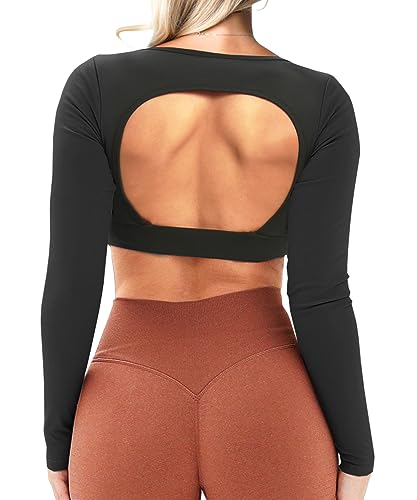 Navnnet Damen Sport Oberteile Langarmshirt Eng Rückenfreies Oberteil Sport Gym Top Fitness Outfit Yoga Shirt Longsleeve Backless Crop Tops Sport Schwarz S von Navneet