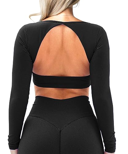 Navnnet Damen Sport Oberteile Langarmshirt Eng Rückenfreies Oberteil Sport Gym Top Fitness Outfit Yoga Shirt Longsleeve Backless Cut Out Crop Tops Sport Schwarz S von Navneet