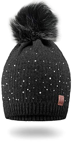 NavyBlu® Warms fein gestricktes Beanie Mütze mit Strass und unechtem Bommel M9-3 von NavyBlu