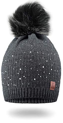 NavyBlu® Warms fein gestricktes Beanie Mütze mit Strass und unechtem Bommel M9-1 von NavyBlu