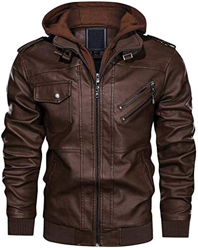Naxxramas Herren Lederjacke Fliegerjacke Motorradanzug warme Fluganzug Zip Freizeitjacke mit Abnehmbarer Kapuze (braun,S) von Naxxramas