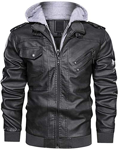 Naxxramas Herren Lederjacke Fliegerjacke Motorradanzug warme Fluganzug Zip Freizeitjacke mit Abnehmbarer Kapuze (grau,XL) von Naxxramas