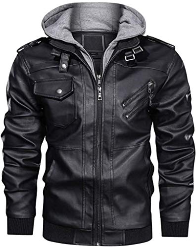 Naxxramas Herren Lederjacke Fliegerjacke Motorradanzug warme Fluganzug Zip Freizeitjacke mit Abnehmbarer Kapuze (schwarz,L) von Naxxramas