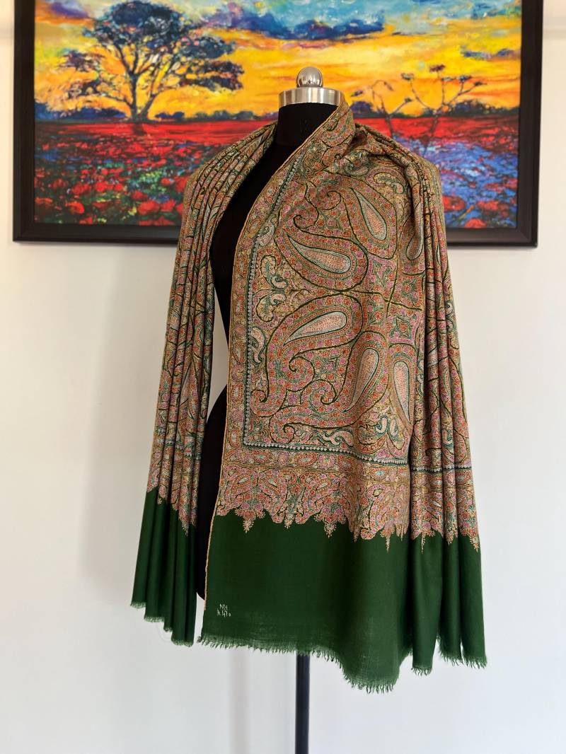 Extrem Feiner Gestickter Grüner Pashmina-Schal, Handstickerei Und Handgewebter 100 X 200 cm von Nayakarts