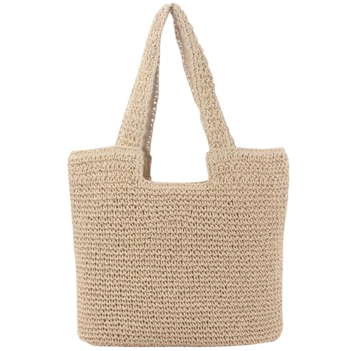 Nayubo Strandtasche für Frauen Weben lässige Retro-Tasche mit Reißverschluss Weiche große Schulterhandtasche Geldbörse für Sommerreisen Urlaub Einkaufen Picknick Schwimmen (Beige) von Nayubo